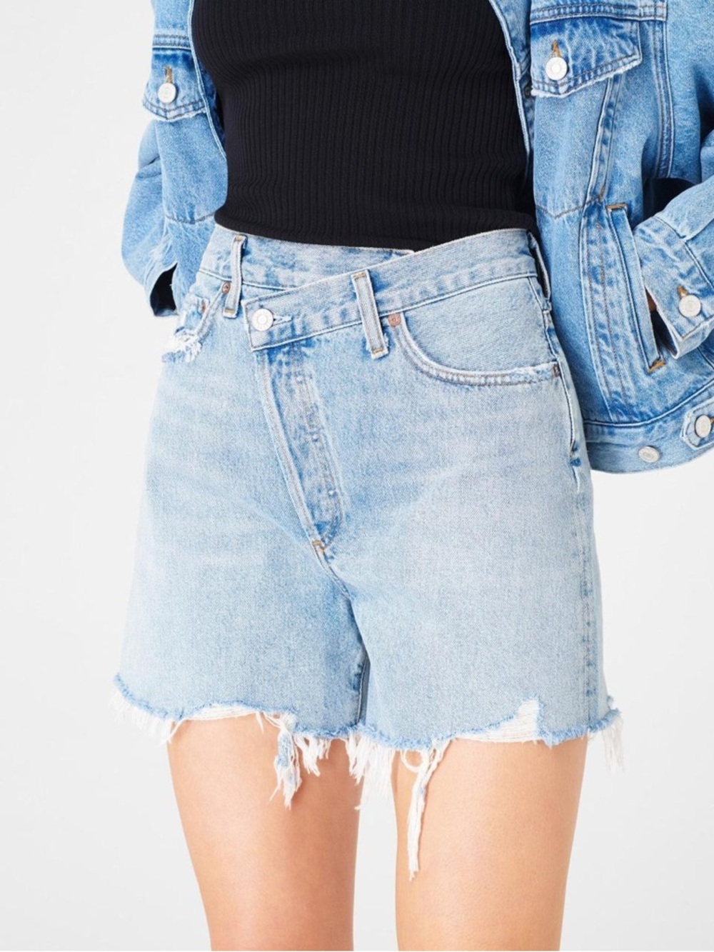 Agolde Criss Cross Denim Shorts - Light Blue - High Rise Cutoff Denim Short- 25